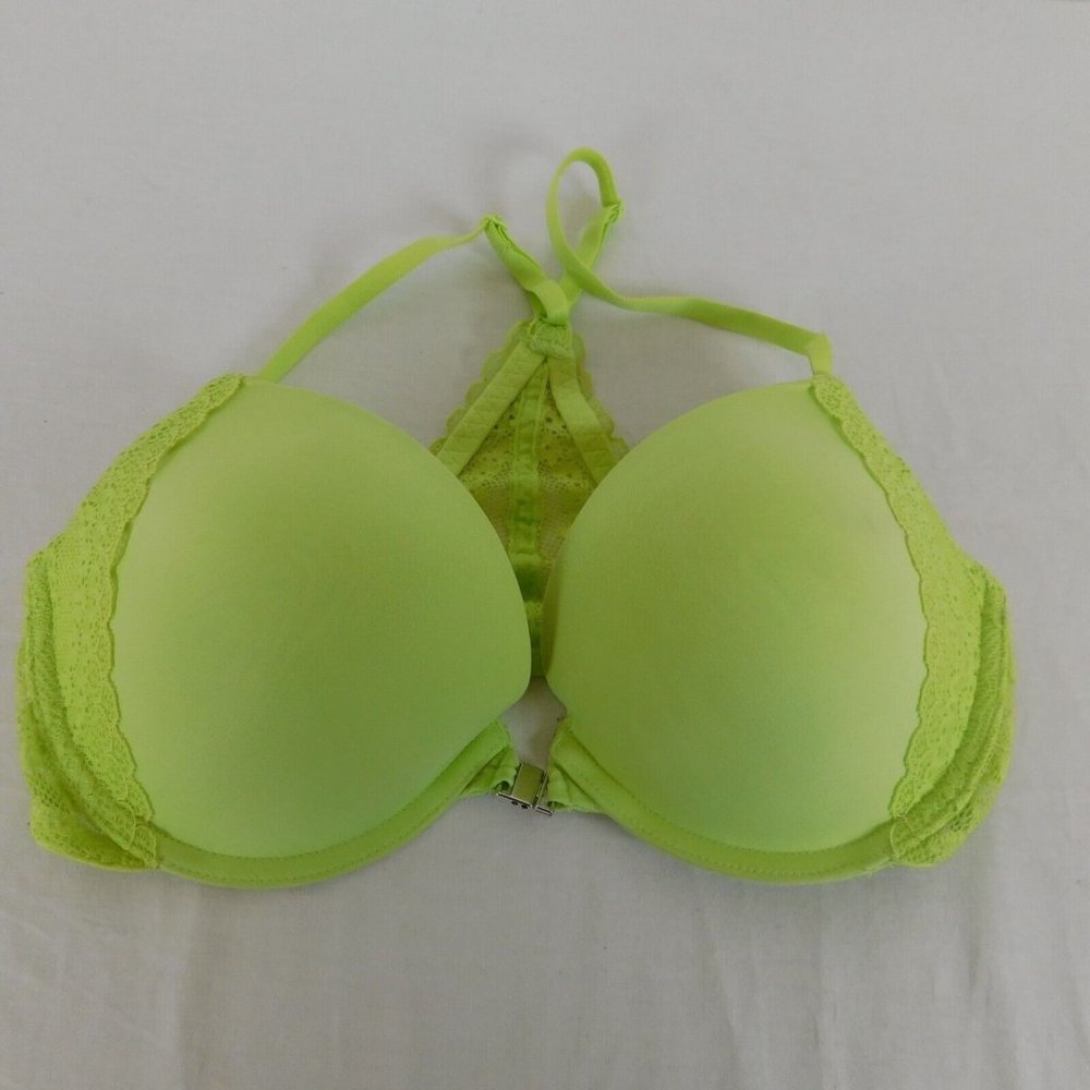 BP Undercover Bright Green Padded Underwire Front Clasp Plunge Racerback Bra 32D